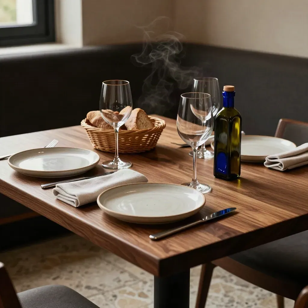 Tavolo apparecchiato per due nel ristorante interno, con vapore caldo e dettagli eleganti.