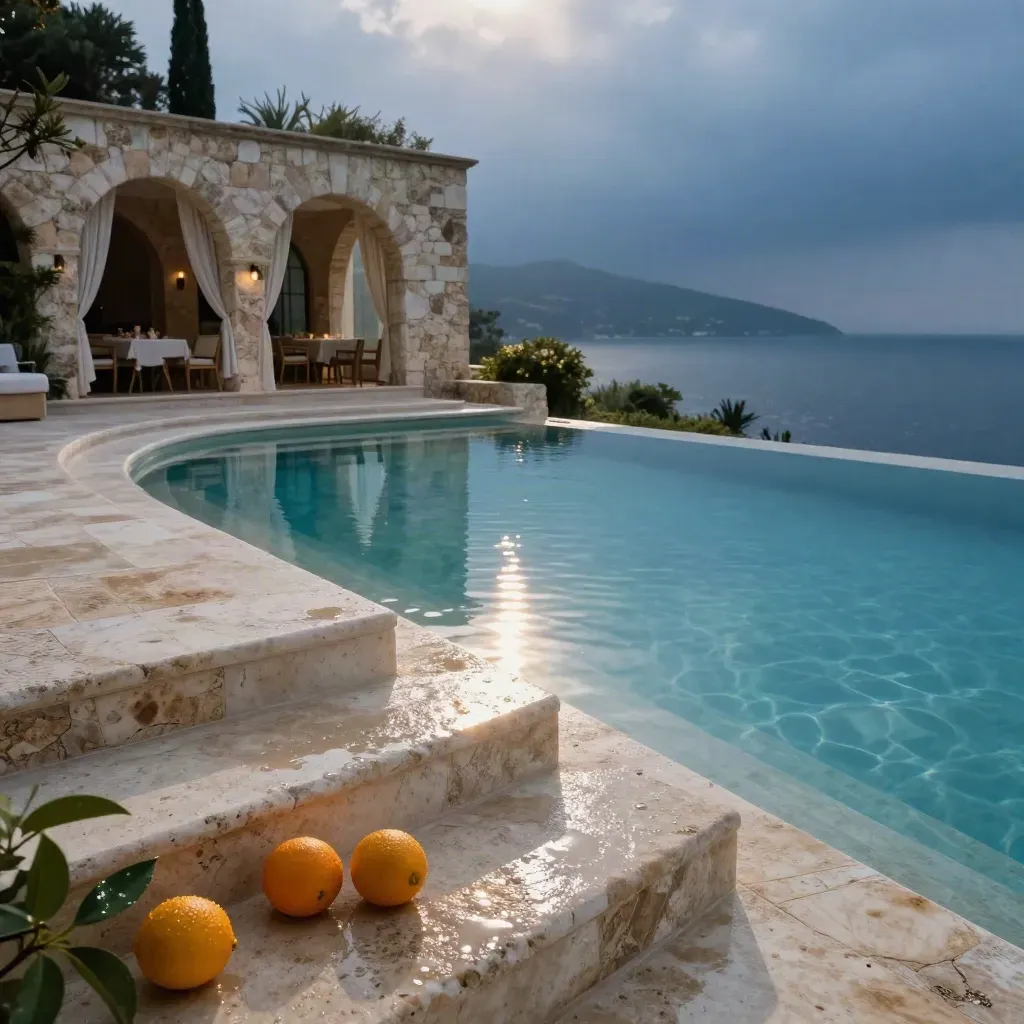Cortile piscina di Lunezia Resort con terrazze, spa e mare al mattino