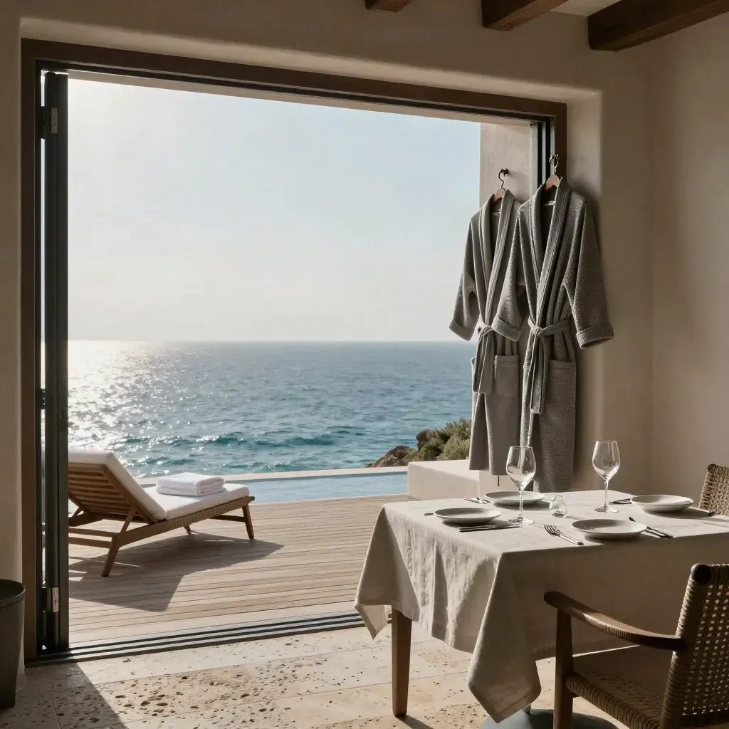 Suite vista mare con accappatoi, chaise spa e tavolo per due sulla terrazza.