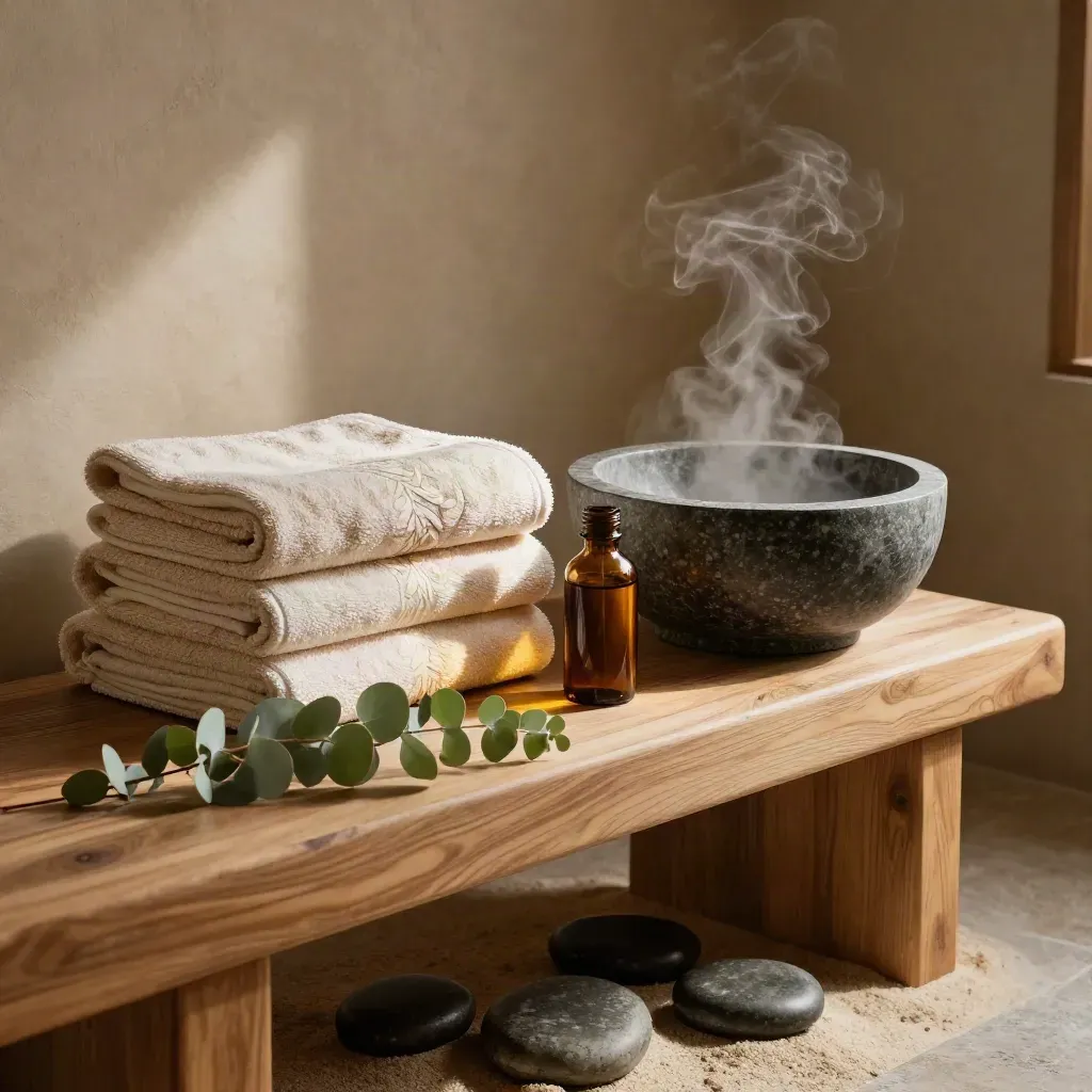 Angolo spa con asciugamani, pietre basaltiche, oli d’ambra e vapore su panca in legno.
