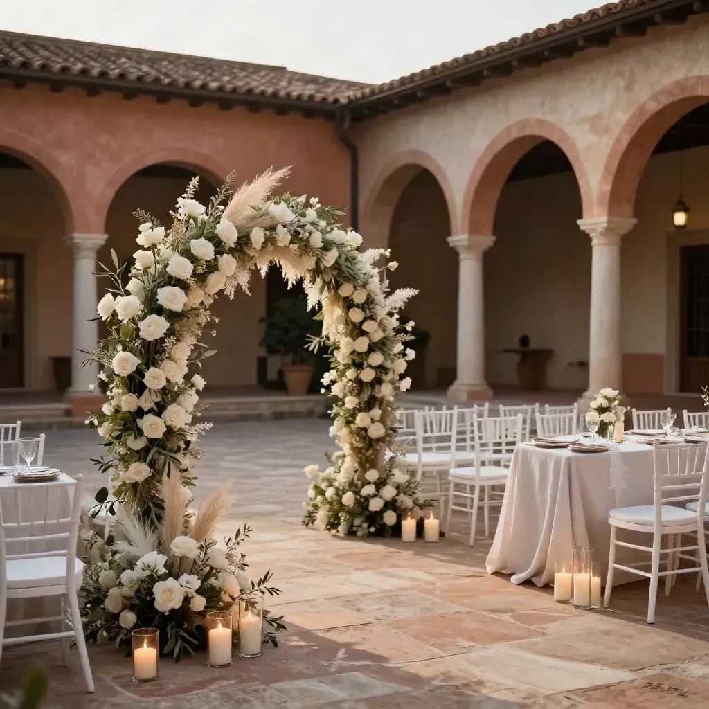 Cortile nuziale allestito con arco floreale, sedie bianche e candele al tramonto