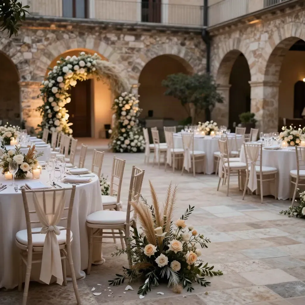 Cortile allestito per matrimonio con sedie, tavoli candela e arco floreale al tramonto