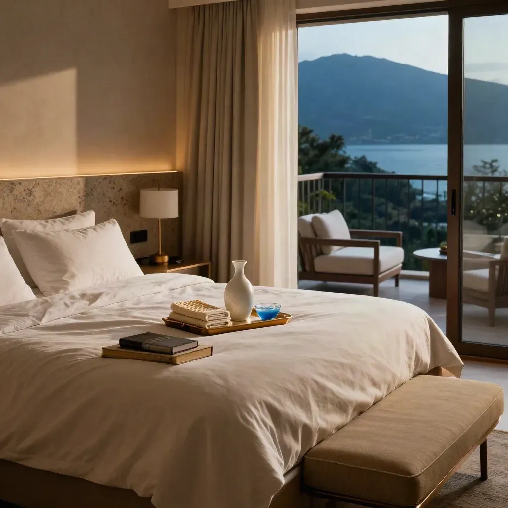 Suite silenziosa con tende mosse, letto disfatto, vassoio spa e acqua sul comodino.