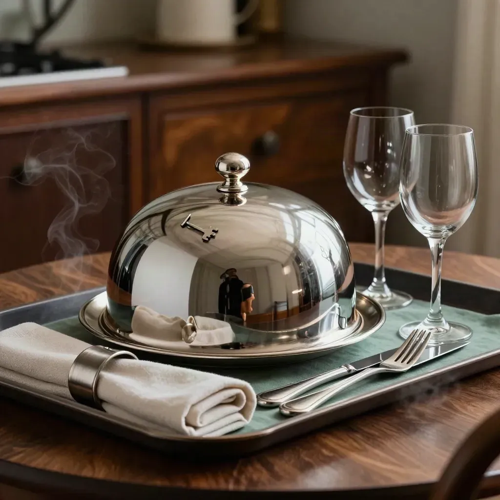 Cloche d’argento, posate e calici su vassoio di servizio, con vapore leggero.