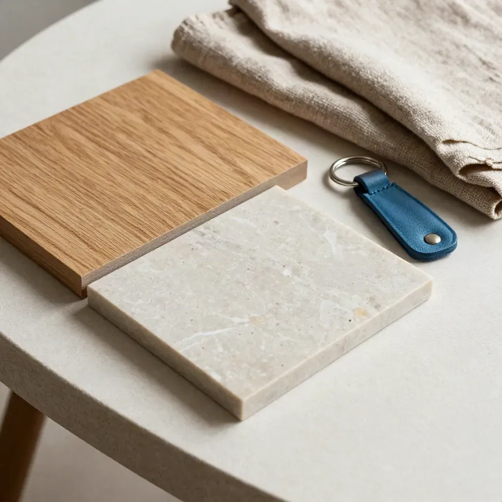 Campioni di legno, travertino e lino con portachiavi suite su fondo chiaro.