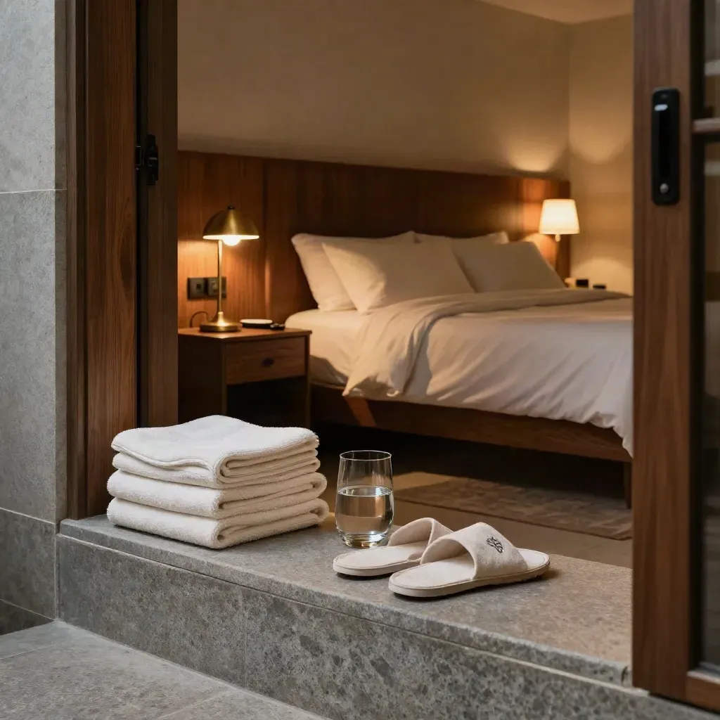 Suite elegante preparata per la notte con asciugamani, pantofole, caraffa e lampada calda.