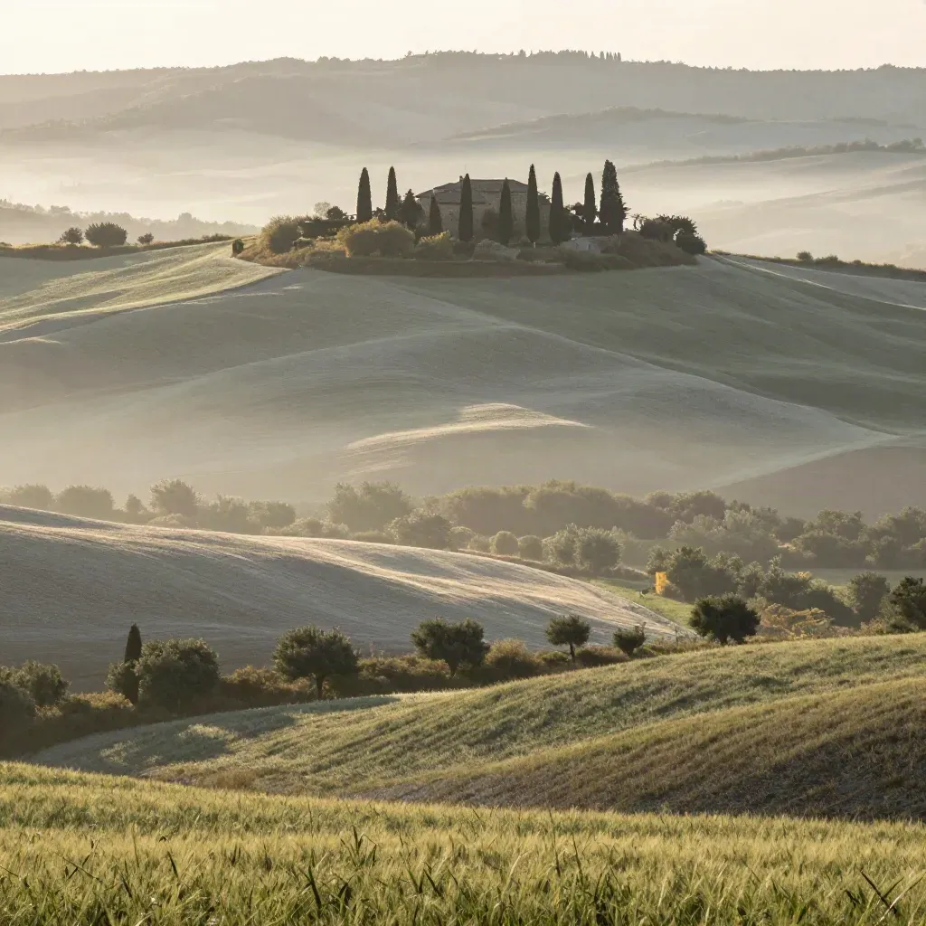 Collina della Val d’Orcia con casale e cipressi tra nebbia mattutina e colline toscane