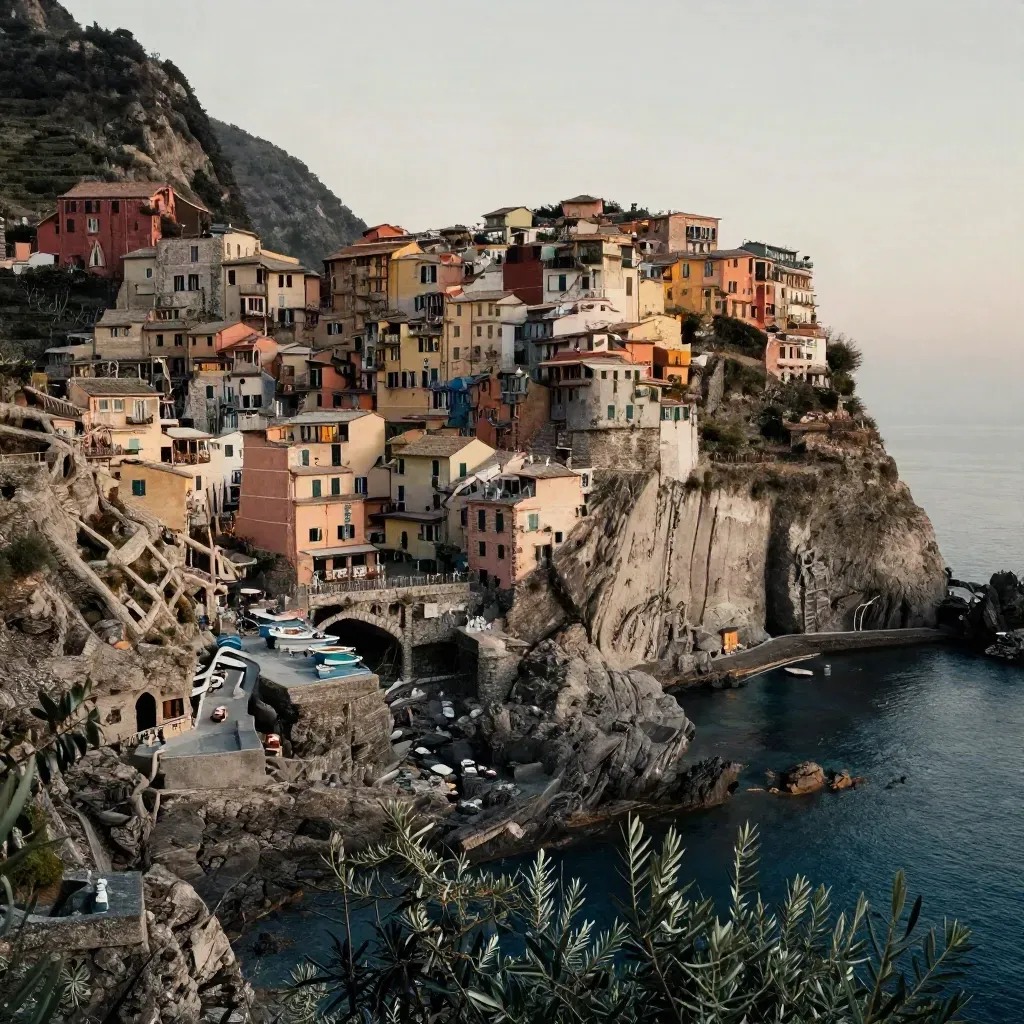 Veduta di Portovenere al crepuscolo con case sul porto e uliveti terrazzati nella foschia
