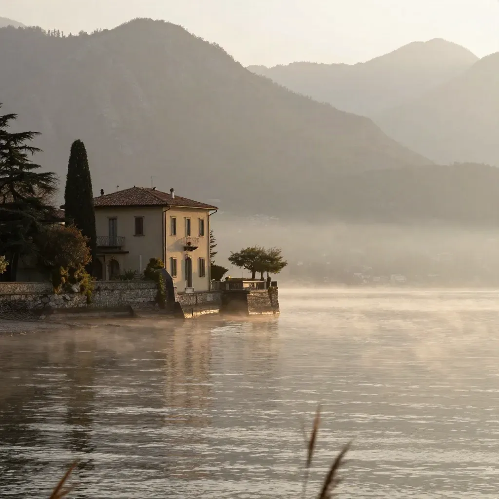 Costa del Lago di Como con villa nella nebbia e acqua liscia, luce avorio.